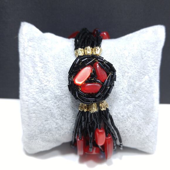 Vintage 1950s Red Black 15 Strand Beaded Bracelet Lucite AB Crystal Glass Beads - Picture 2 of 10